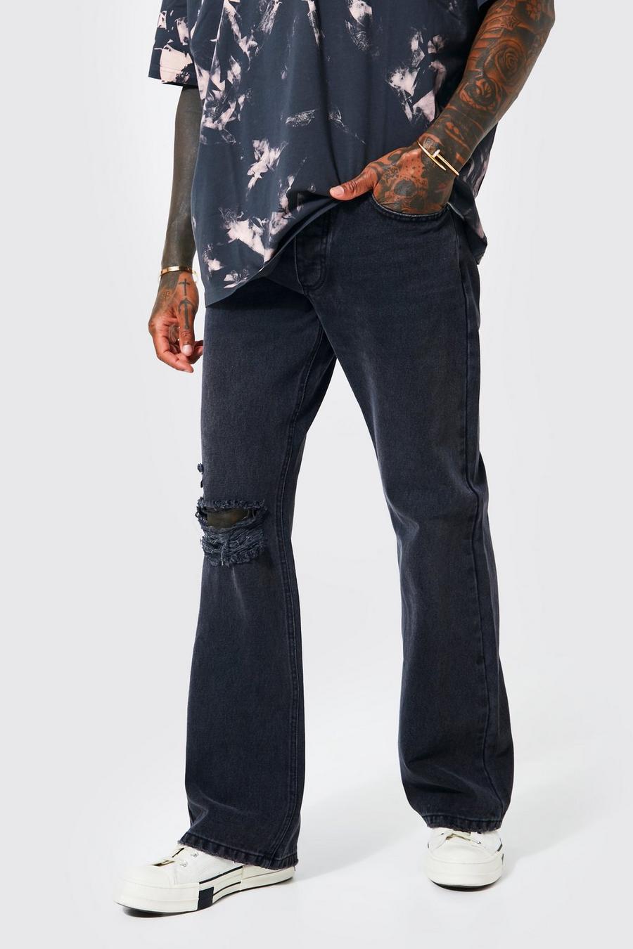 Baggy Flare Busted Knee Jeans | boohoo