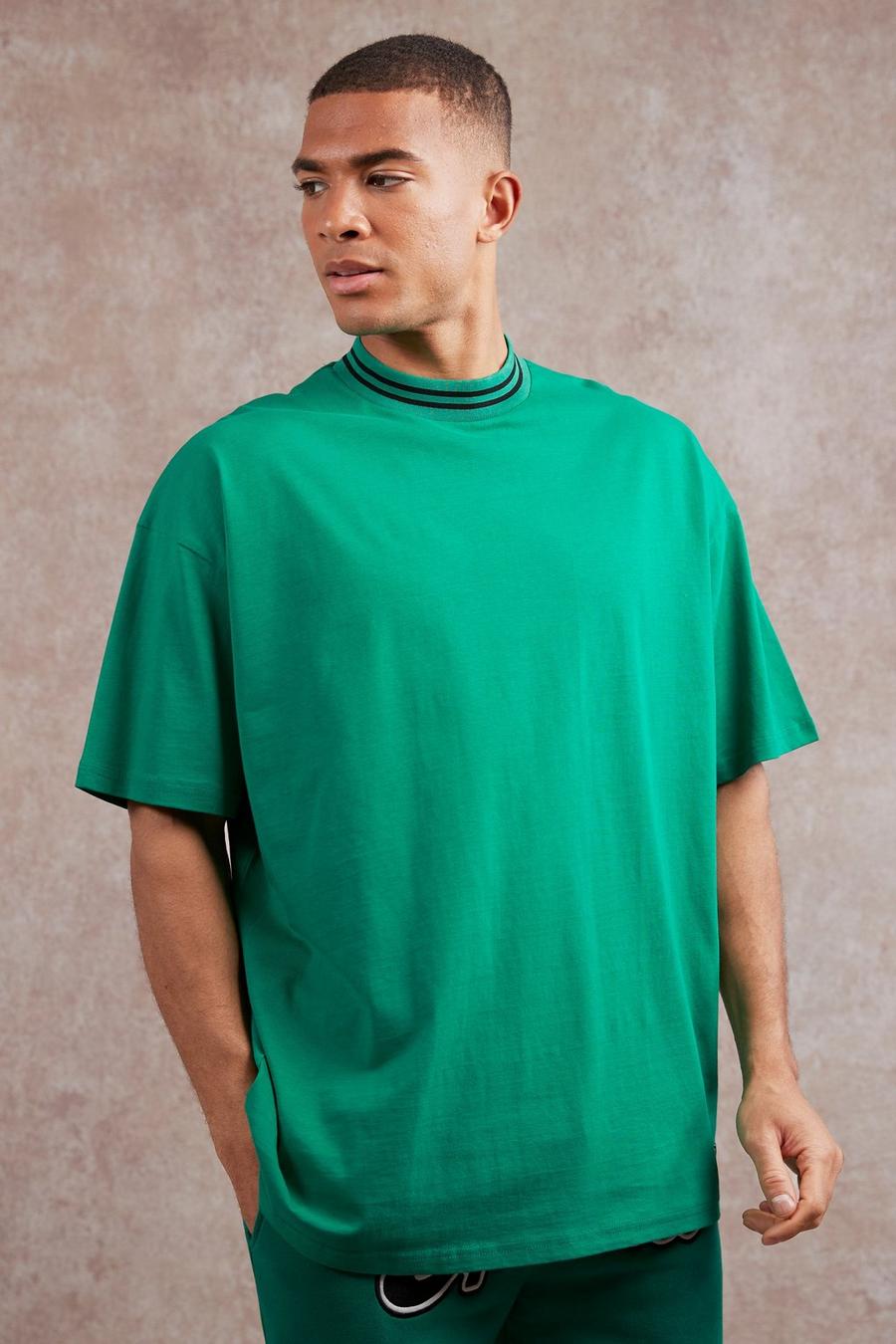 Green Oversized Gestreept Geribbeld T-Shirt Met Brede Nek image number 1