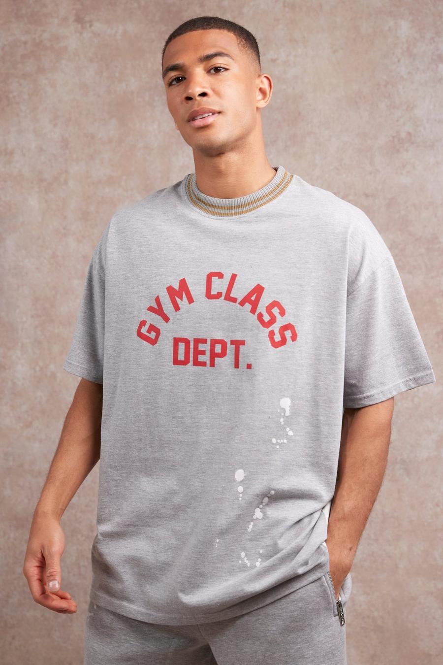 Camiseta oversize con salpicaduras de pintura y estampado Gym Class, Grey marl image number 1