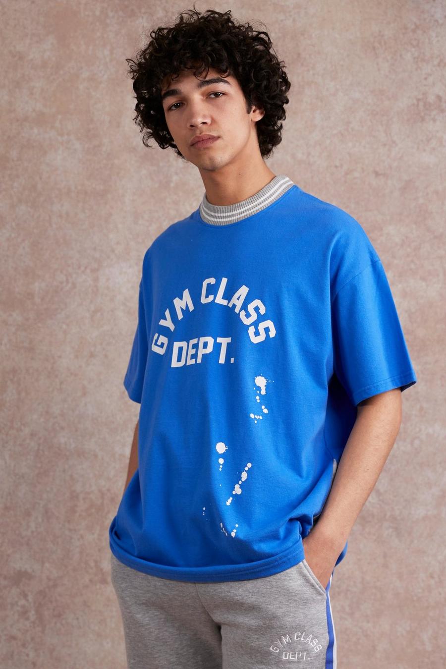 Camiseta oversize con salpicaduras de pintura y estampado Gym Class, Blue image number 1