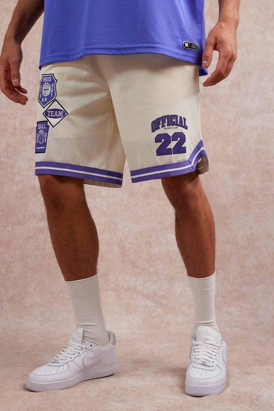 Pantalón corto oversize Official de malla estilo baloncesto universitario, Ecru image number 1