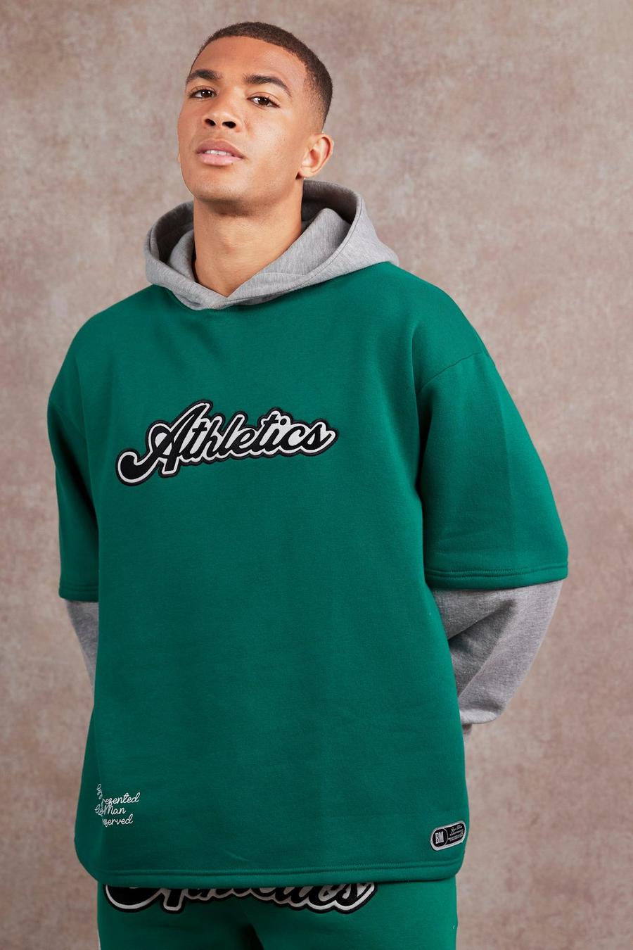 Green Oversized Varsity Faux Layer Sleeve Hoodie image number 1