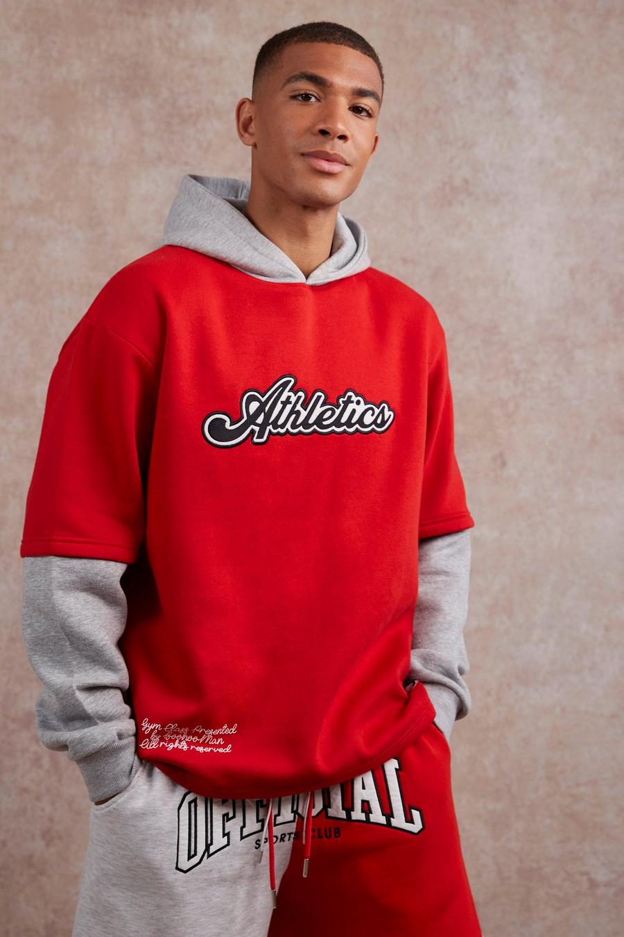 Red Oversized Varsity Faux Layer Sleeve Hoodie image number 1