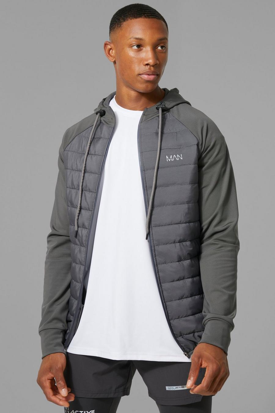 Charcoal Man Active Gym Quilted Zip Through Hoodie image number 1
