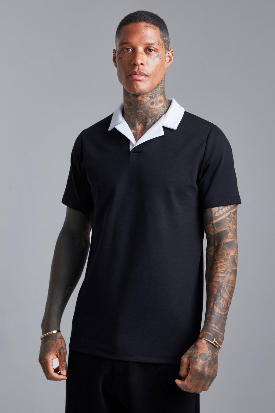 Polo Slim Fit con rever a contrasto, Black image number 1