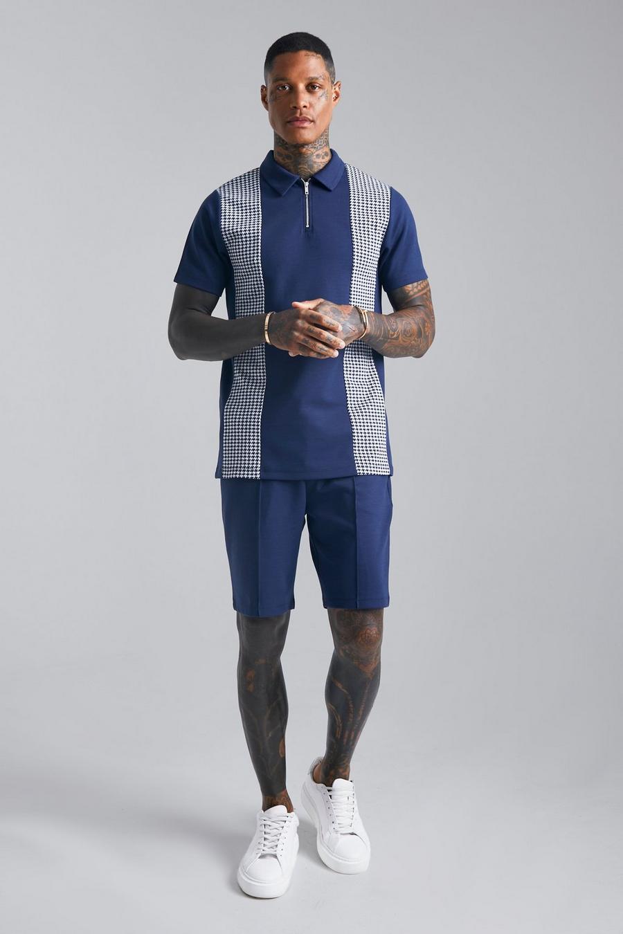 נייבי azul marino סט חולצת פולו ג'קארד בדוגמת פפיטה עם פאנלים ושורט