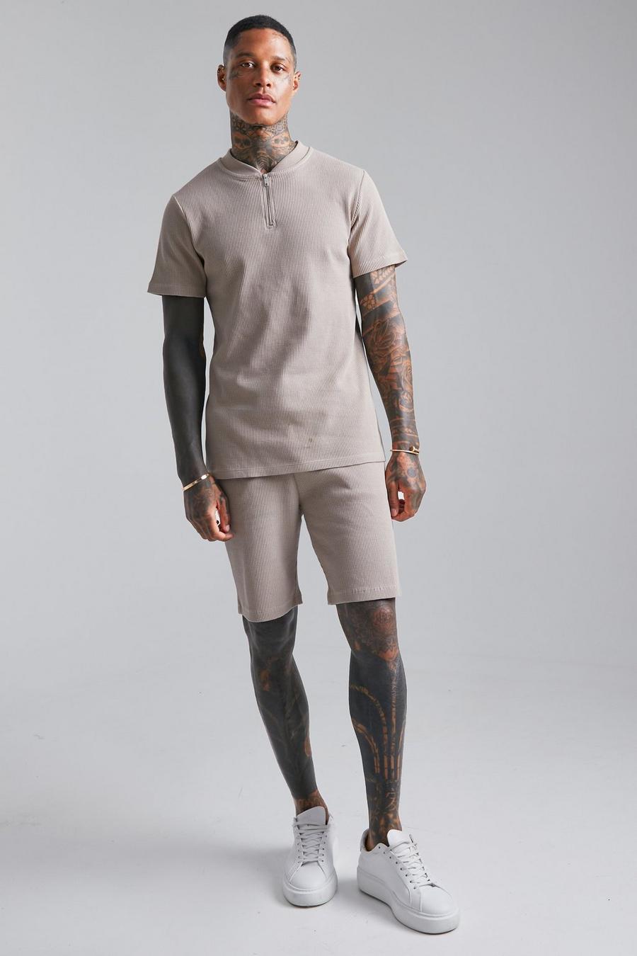 Sand Waffle Textured Collarless Polo & Short Set image number 1
