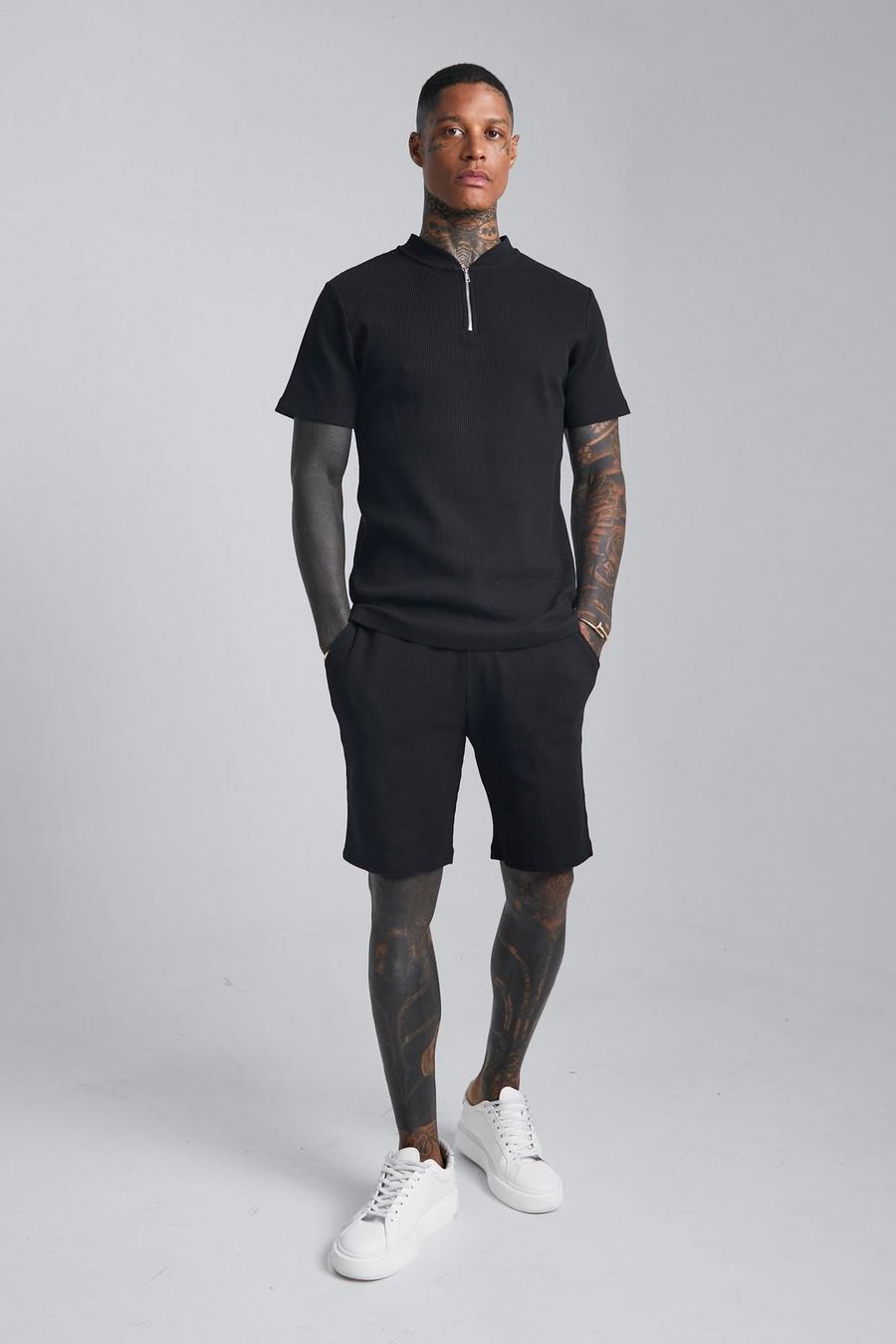 שחור סט חולצת פולו בלי צווארון מבד וופל עם טקסטורה ושורט image number 1