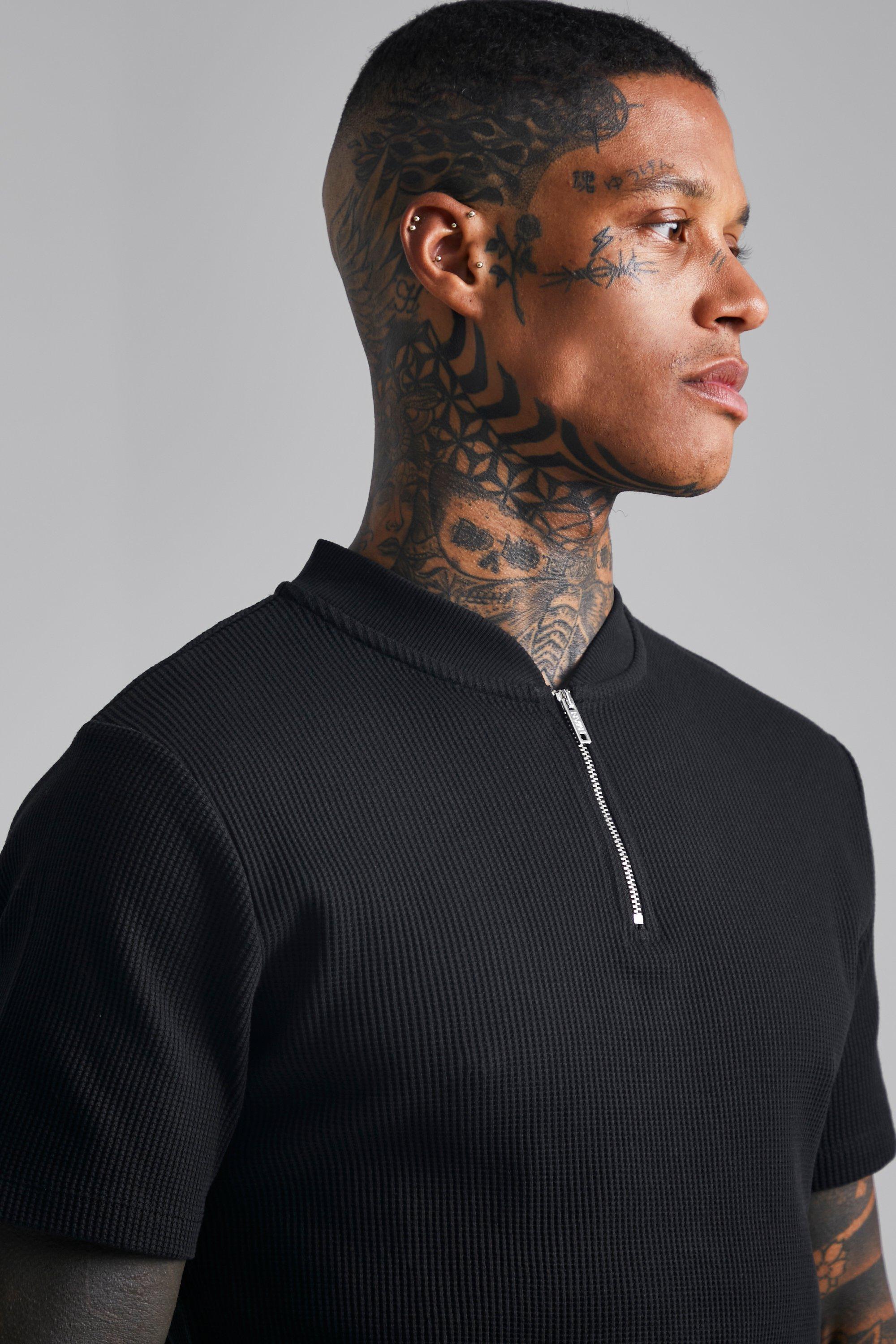 Black collarless polo outlet shirt