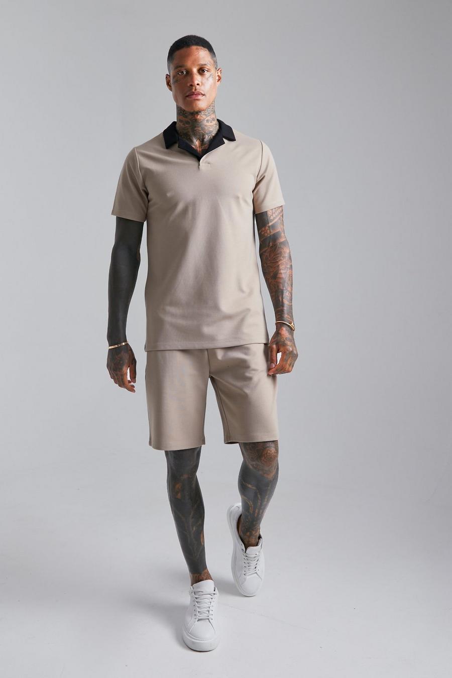 Slim-Fit Kontrast-Poloshirt & Shorts, Sand beige