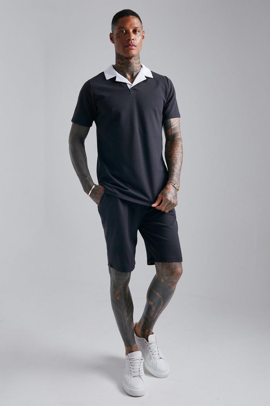 Black Slim Fit Contrast Revere Polo & Short Set image number 1