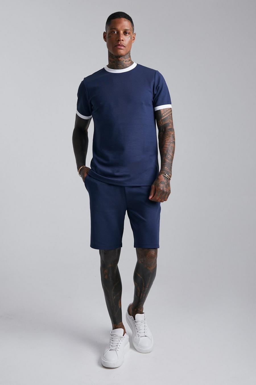 Navy Slim Fit Contrast T-shirt & Short Set image number 1