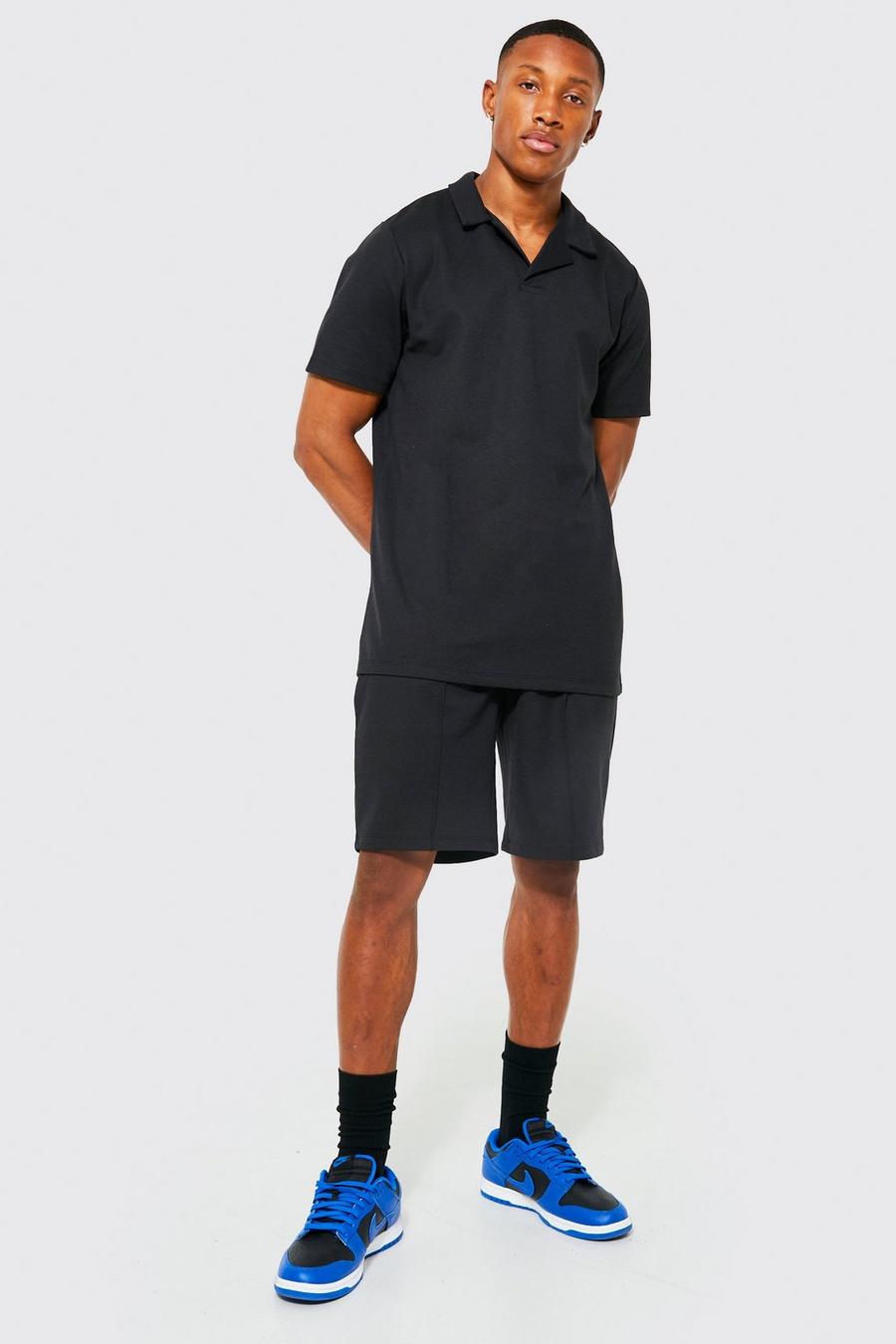 Black Slim Fit Revere Polo & Pintuck Short Set