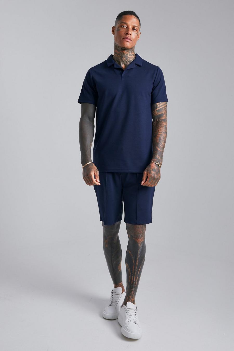 Navy marinblå Slim Fit Revere Polo & Pintuck Short Set