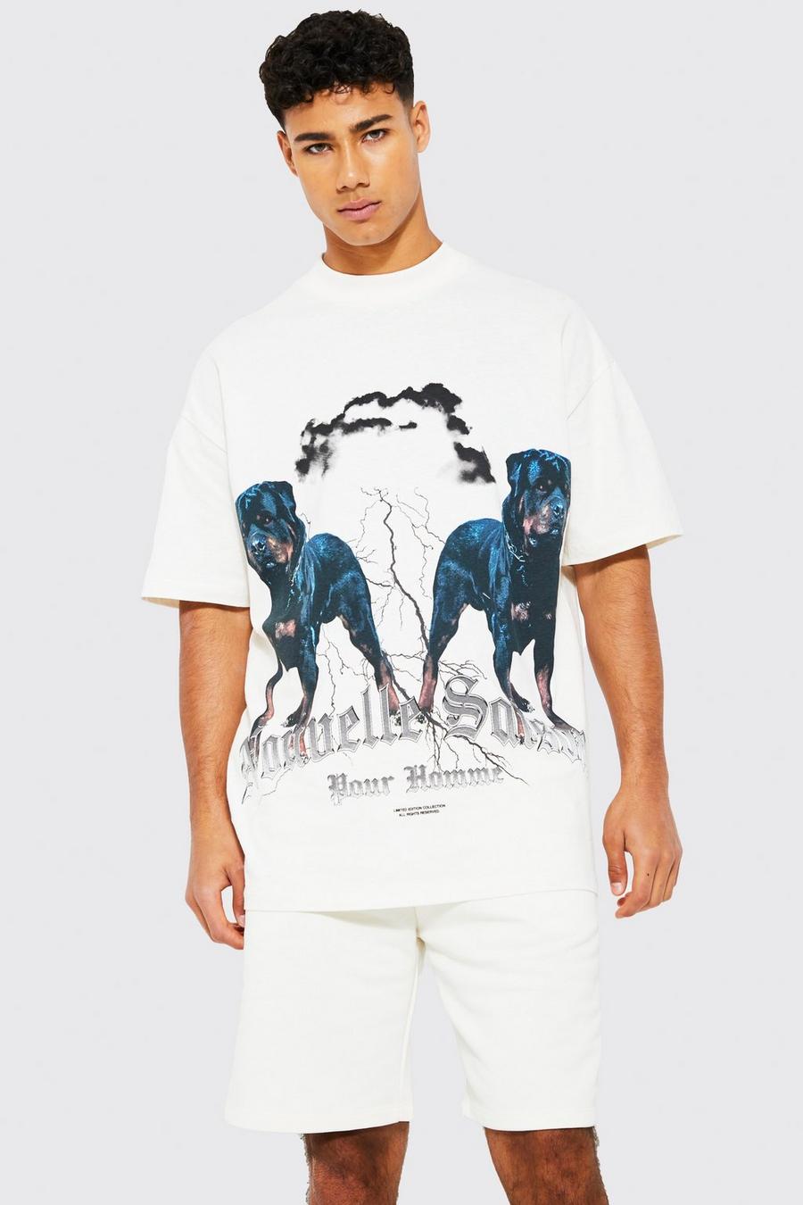 Oversize T-Shirt & Shorts mit Rottweiler Print, Ecru image number 1