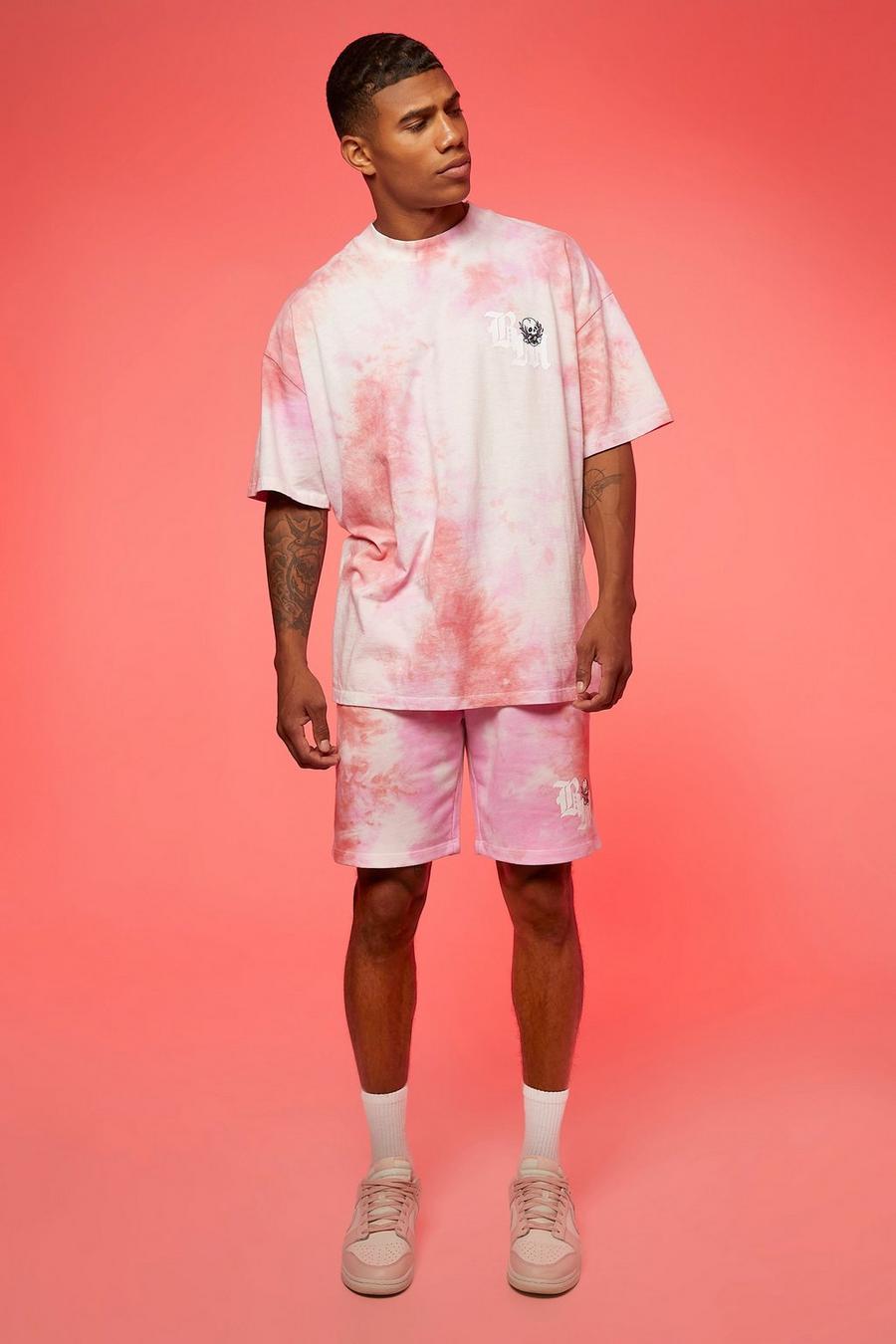 Ensemble oversize effet tie dye avec t-shirt et short, Pink rose