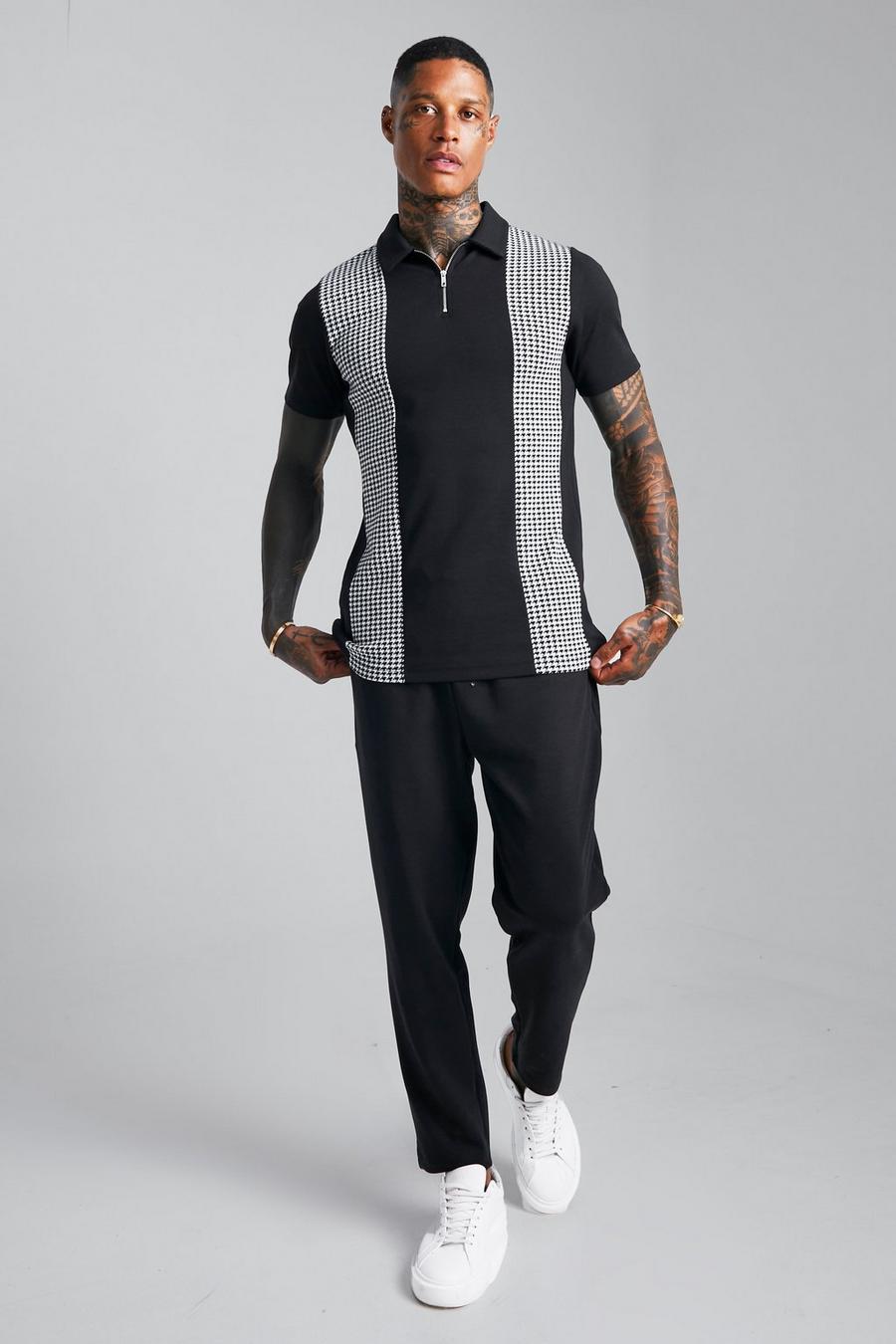 Conjunto de pantalón deportivo y camiseta con panel de jacquard y estampado de pata de gallo, Black nero