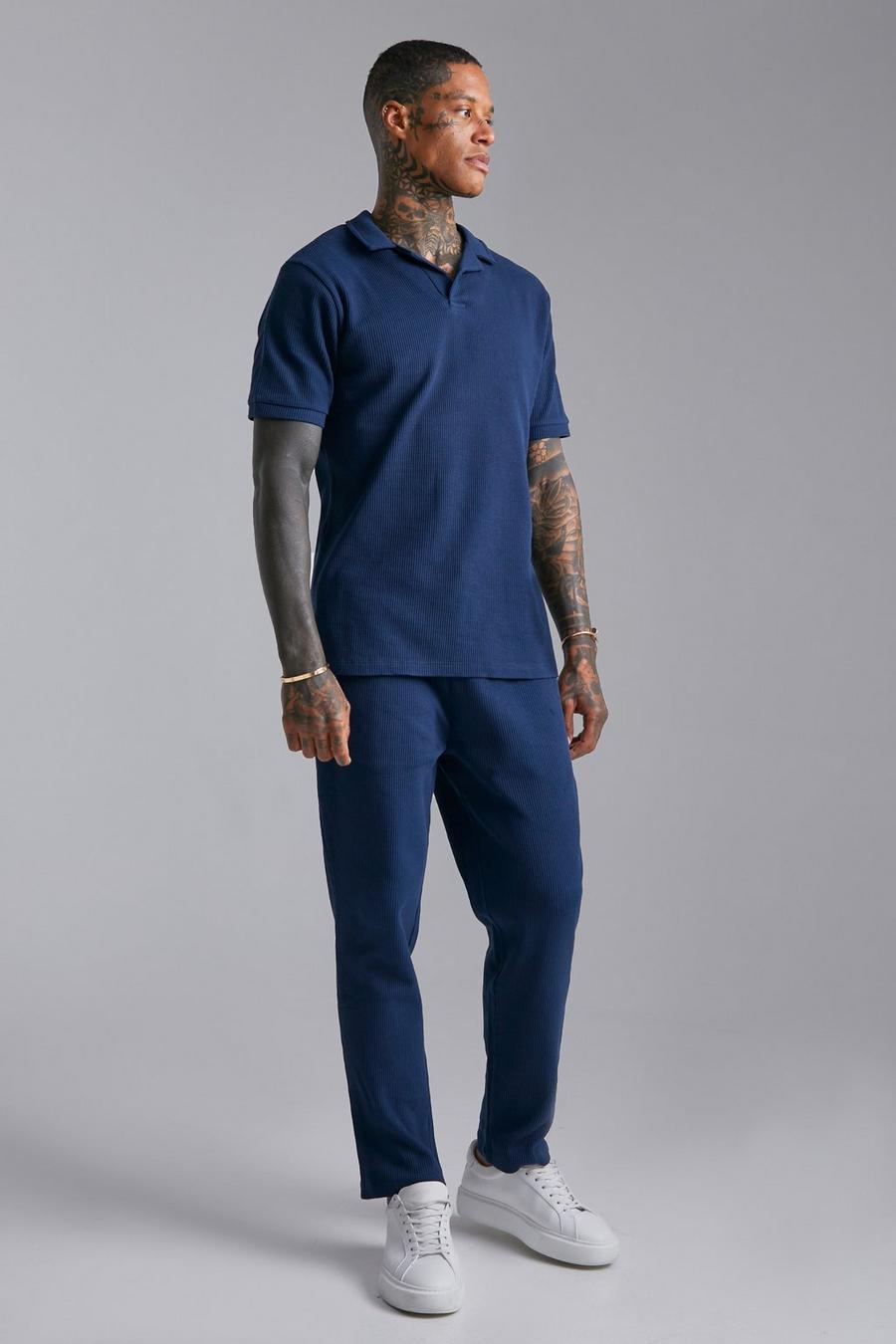 Navy Waffle Textured Revere Polo & Jogger Set image number 1