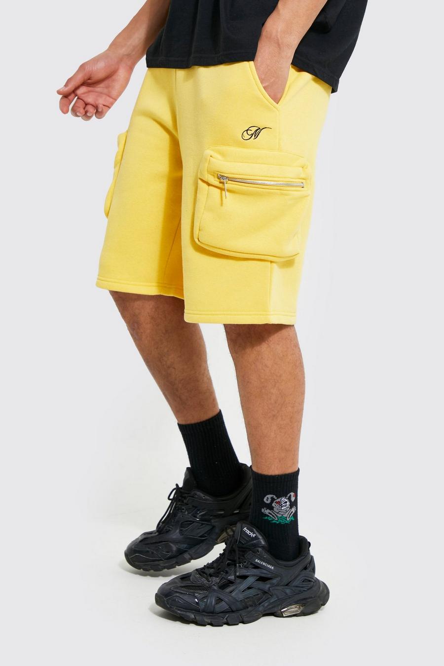 Yellow Tall Jersey Cargo Short With M Embroidery image number 1