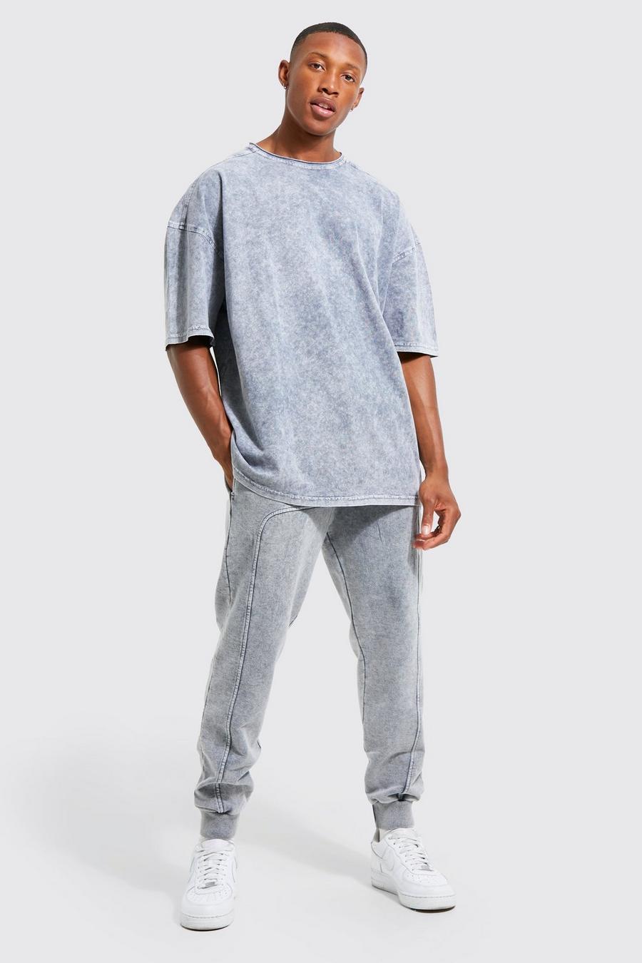 Charcoal grå Washed Drop Shoulder T-shirt & Jogger Set image number 1