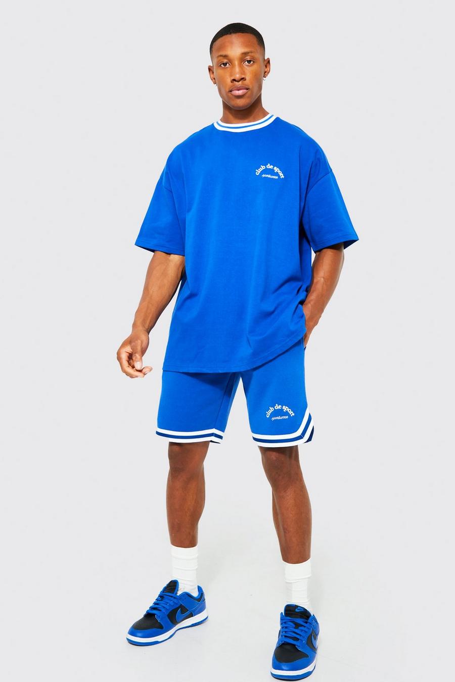 Cobalt blau Oversized Varsity Short Set With Sports Rib