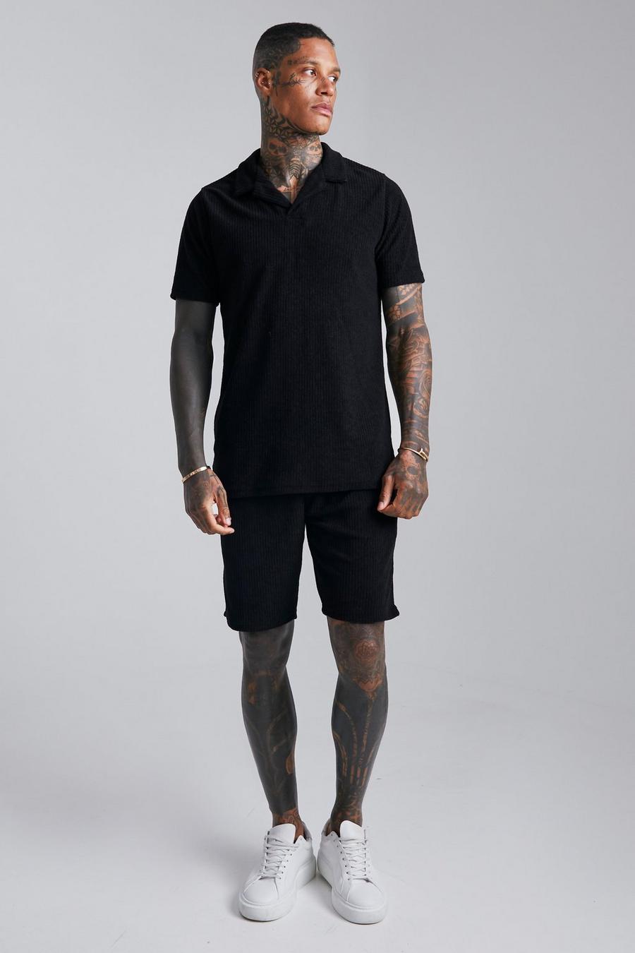 Geripptes Velour Poloshirt und Shorts, Black noir