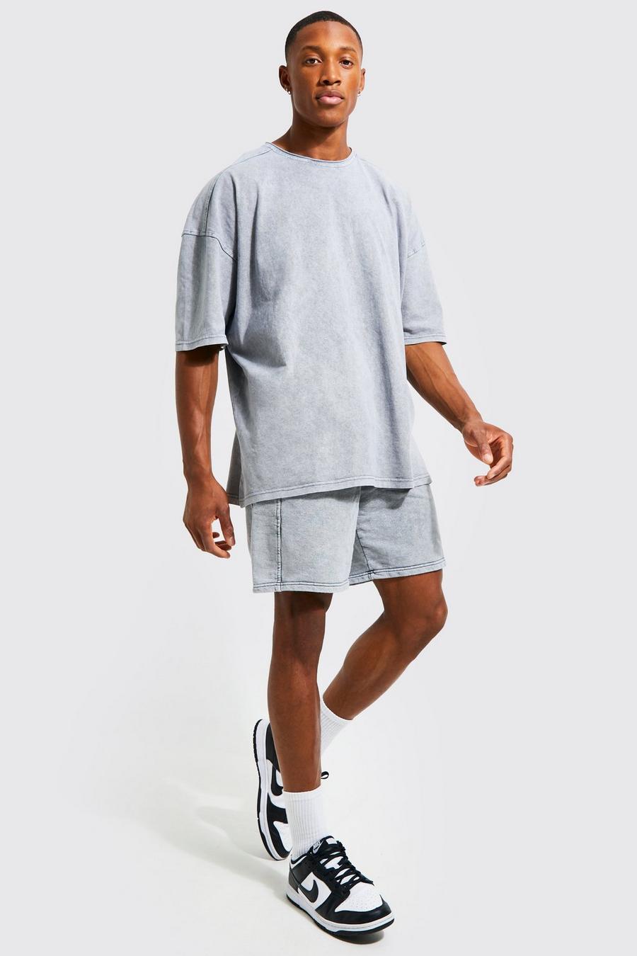 Charcoal gris Washed Drop Shoulder T-shirt & Short Set
