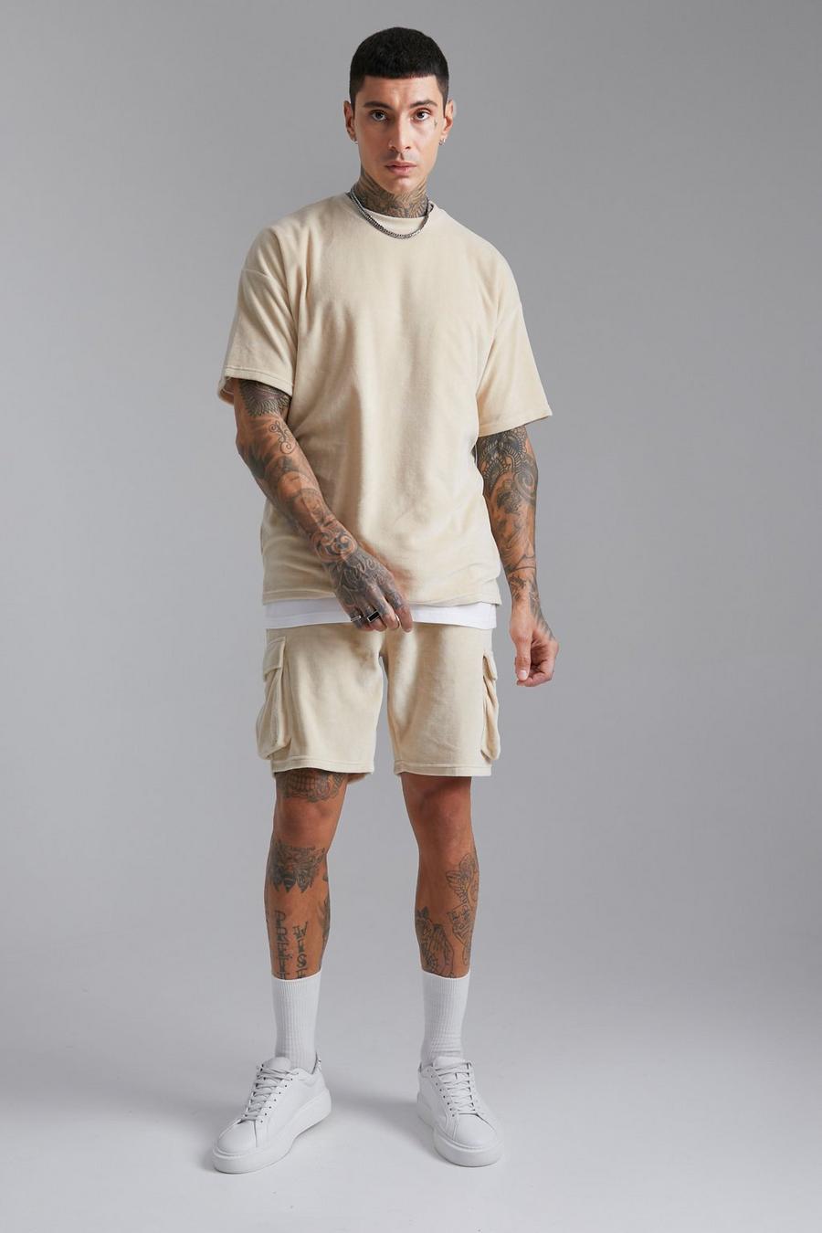 Sand beige Velour Split Hem T-shirt & Cargo Short Set