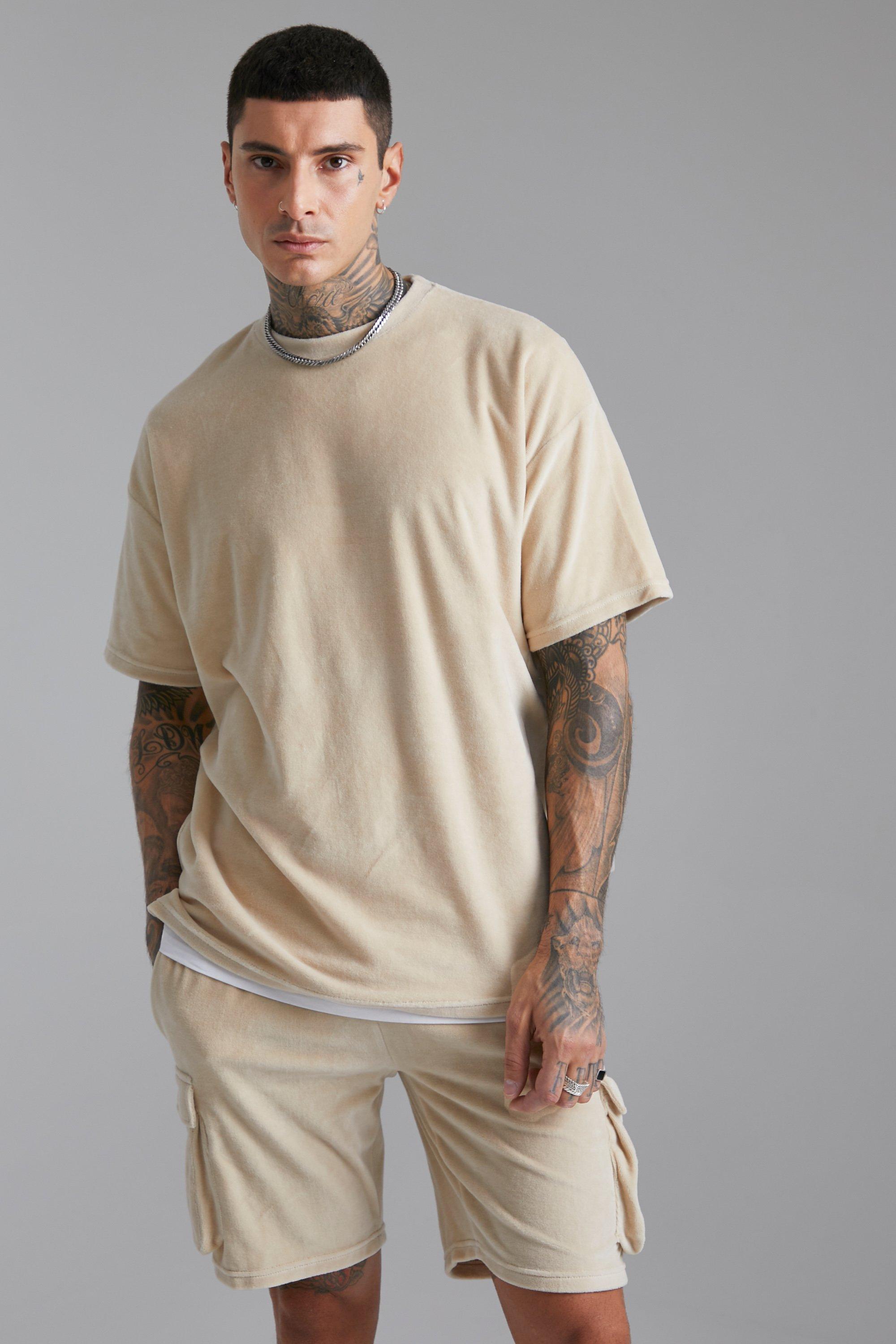 Velour Split Hem T shirt Cargo Short Set boohoo