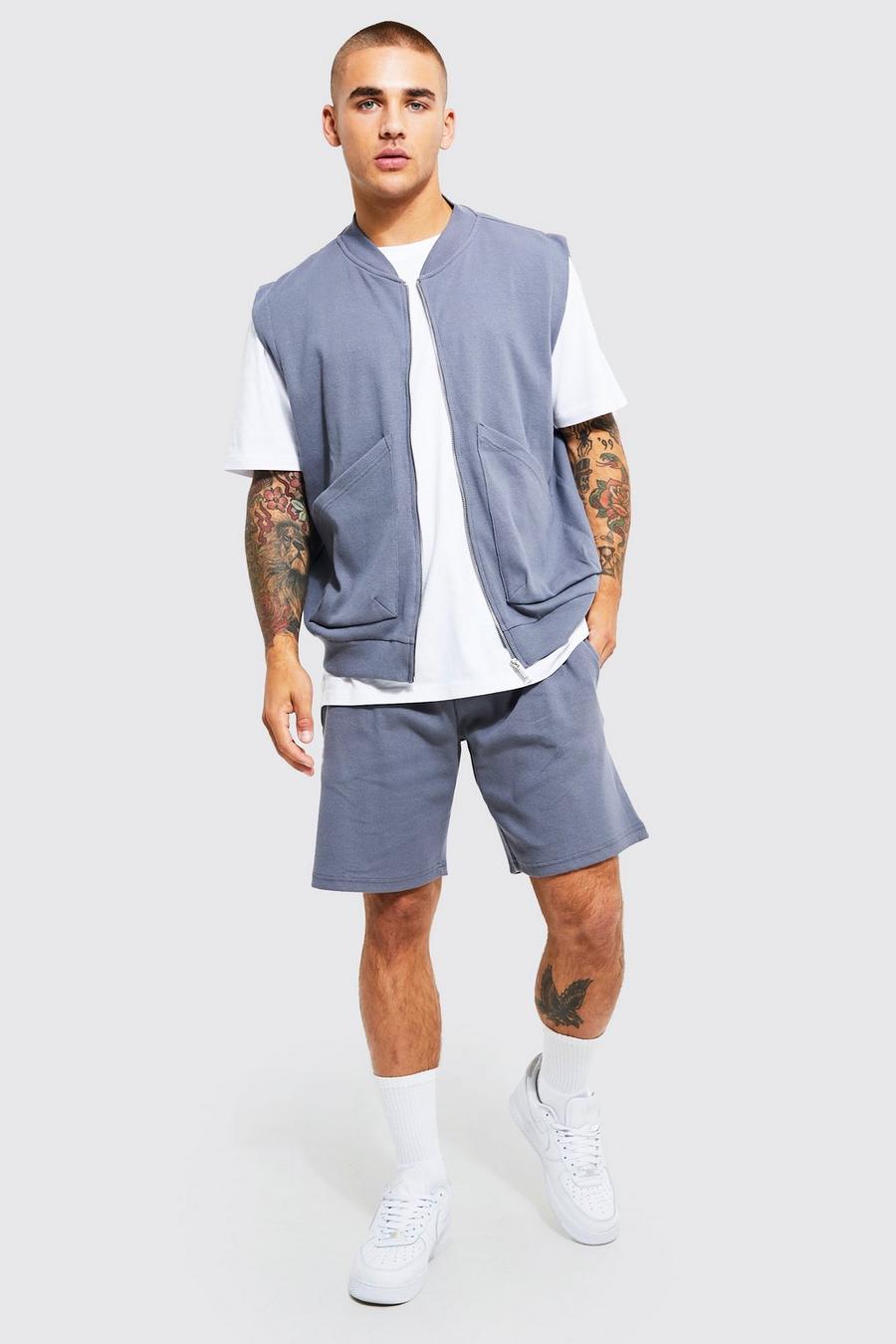 Charcoal grey Jersey Rib Pocket Detail T-Shirt & Short Set image number 1