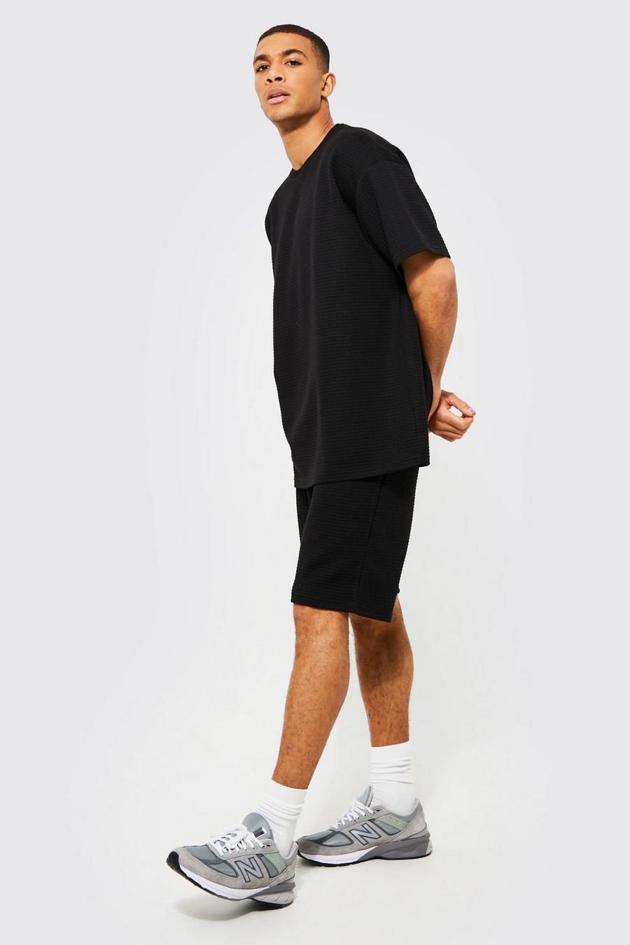 Oversize T-Shirt in Waffeloptik & Shorts, Black schwarz