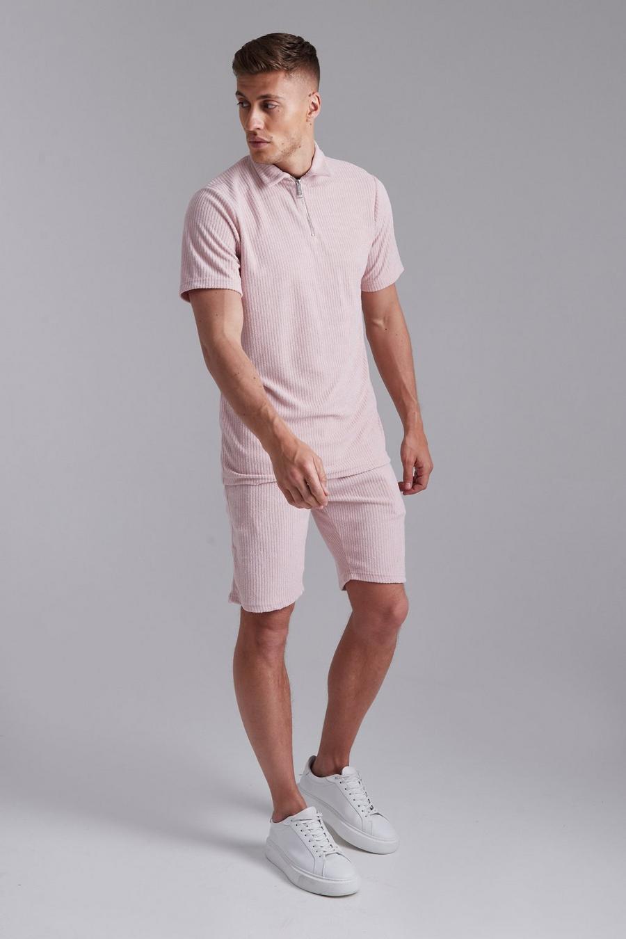 Light pink Ribbed Velour 1/4 Zip Polo And Short Set image number 1
