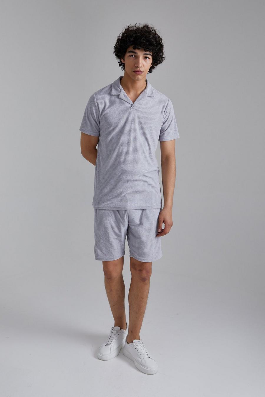 Stone Ribbed Velour Revere Polo And Short Set image number 1
