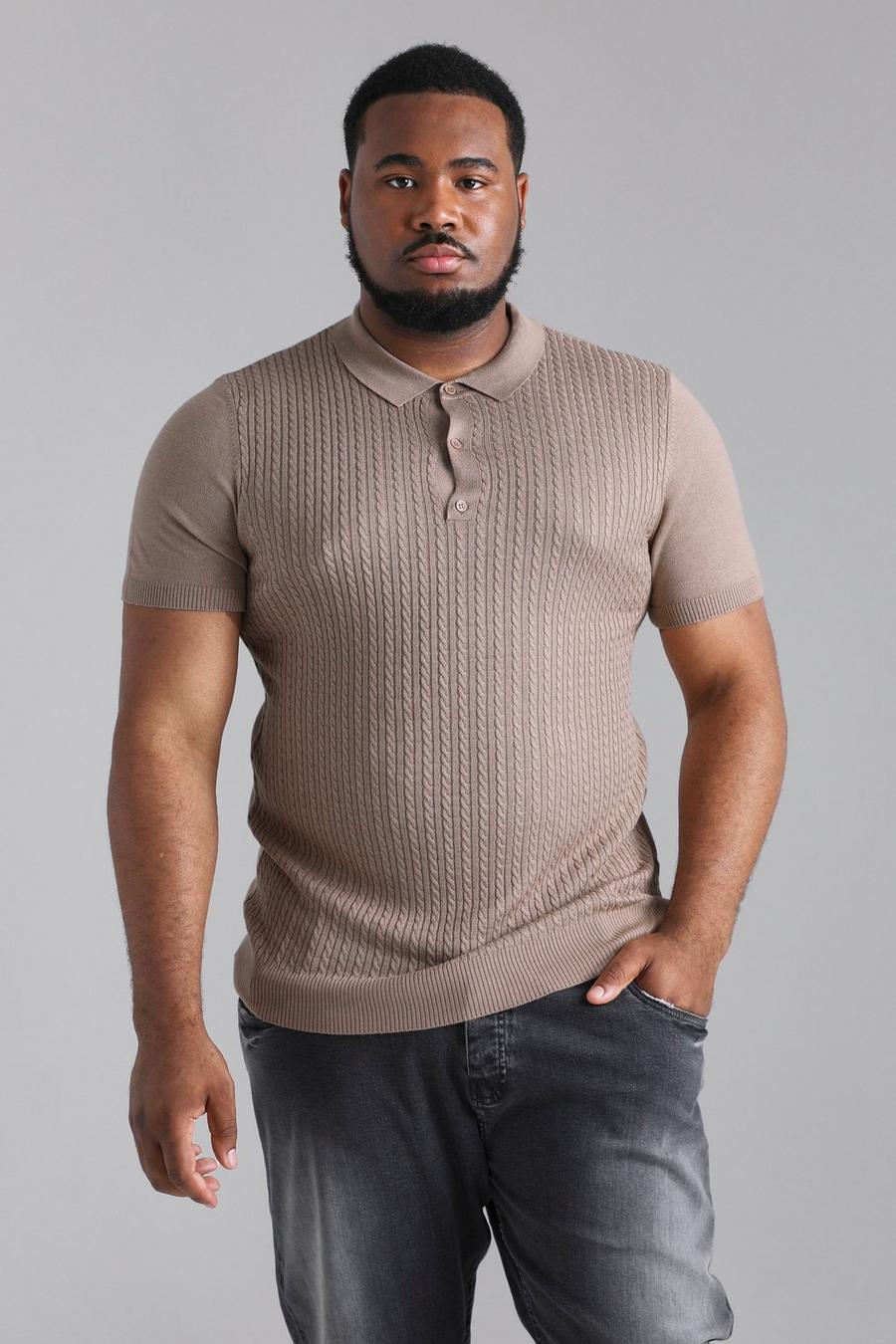 אפור חום beis חולצת פולו מבד ממוחזר בסריגת צמה עם שרוולים קצרים, מידות גדולות image number 1