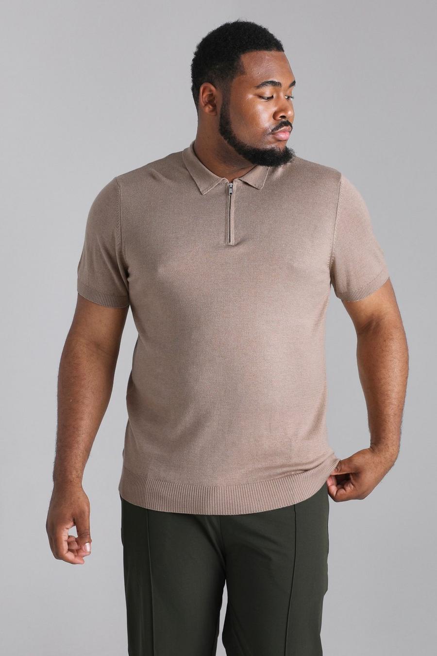 Taupe Plus Short Sleeve Half Zip Knitted Polo image number 1