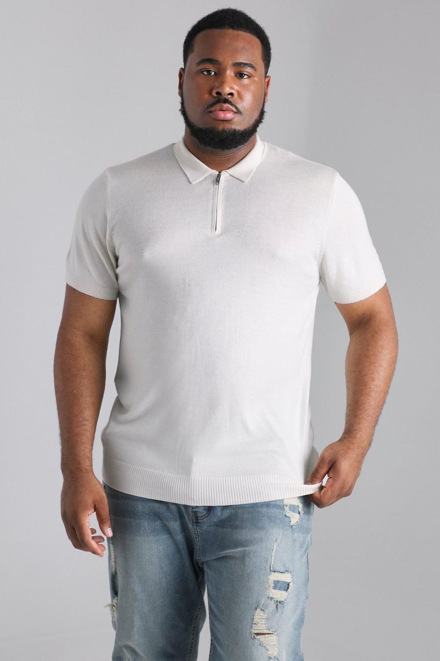 קרם bianco חולצת פולו סרוגה עם רוכסן חלקי ושרוולים קצרים למידות גדולות image number 1