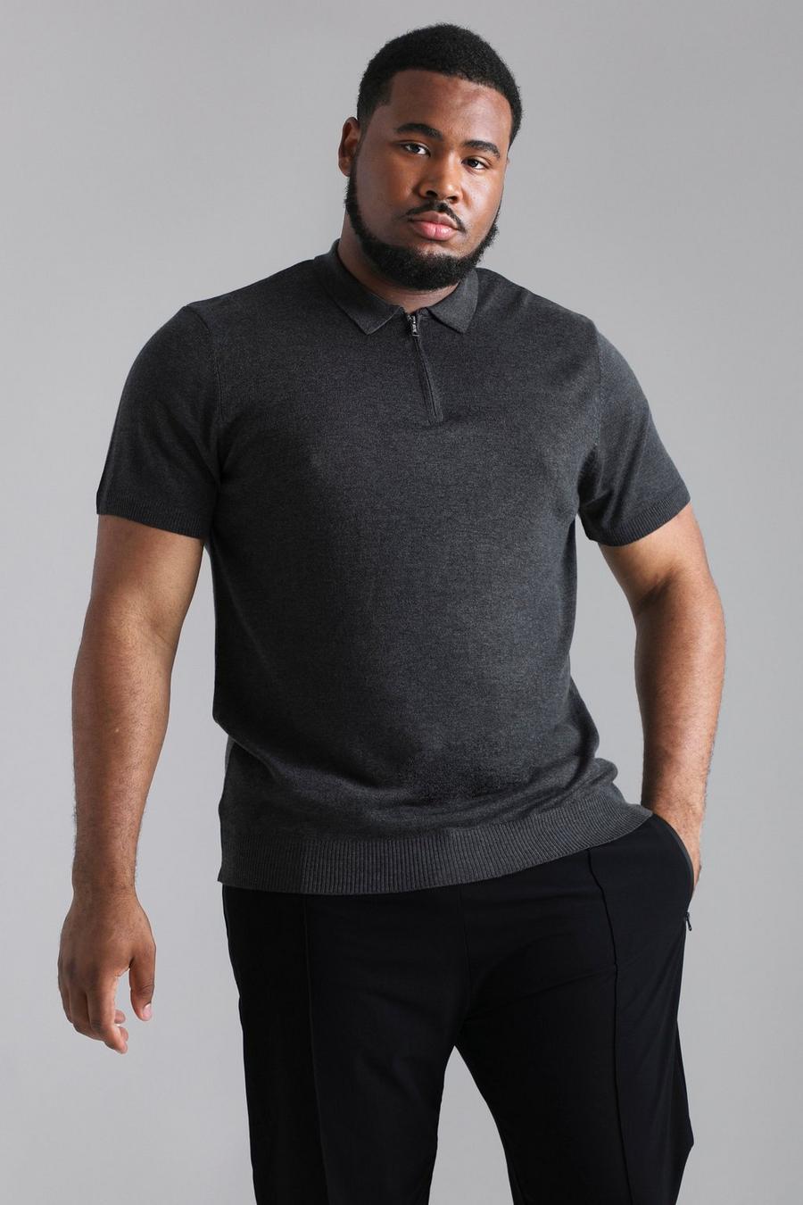 Charcoal grey Plus Short Sleeve Half Zip Knitted Polo