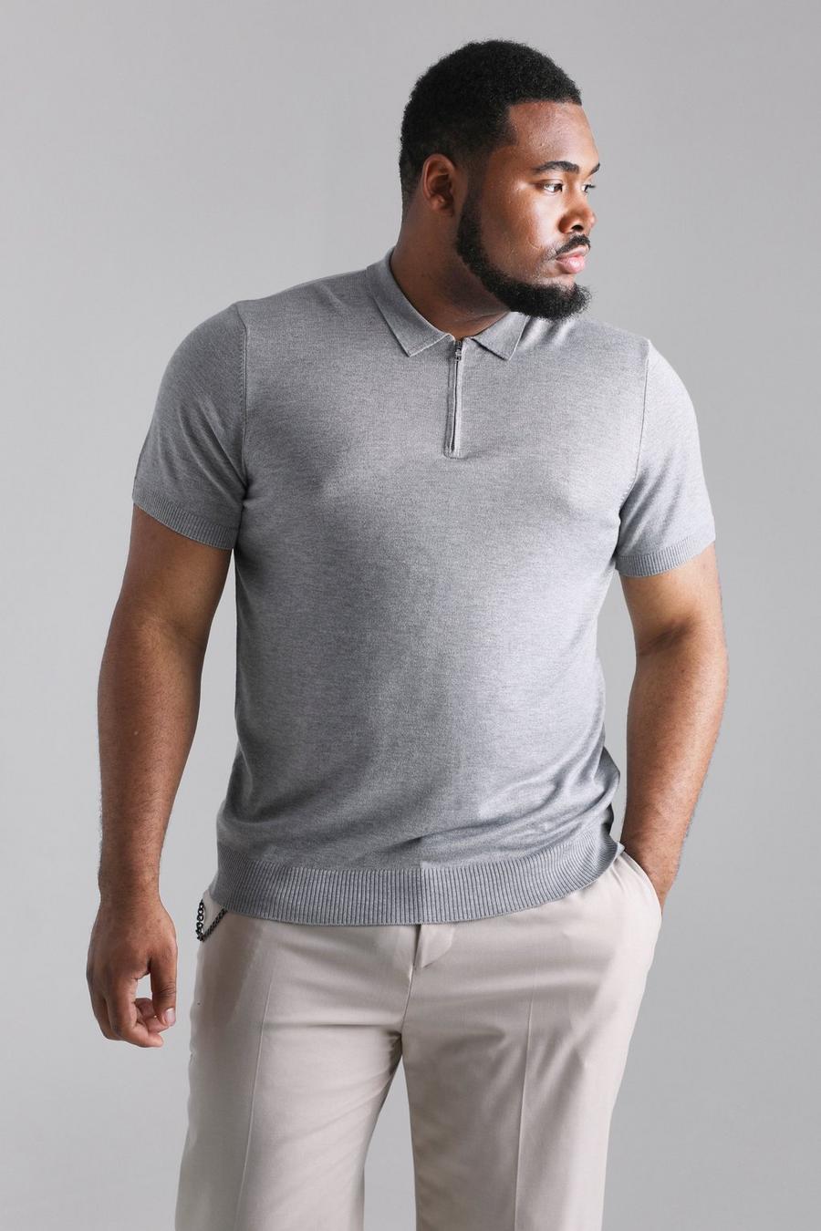 Grey marl grigio Plus Short Sleeve Half Zip Knitted Polo