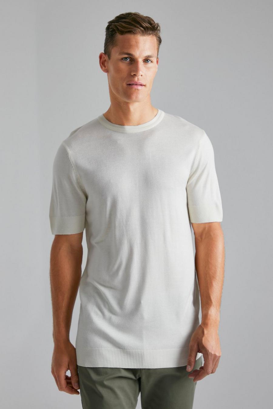 Cream Tall Basic Gebreid T-Shirt image number 1