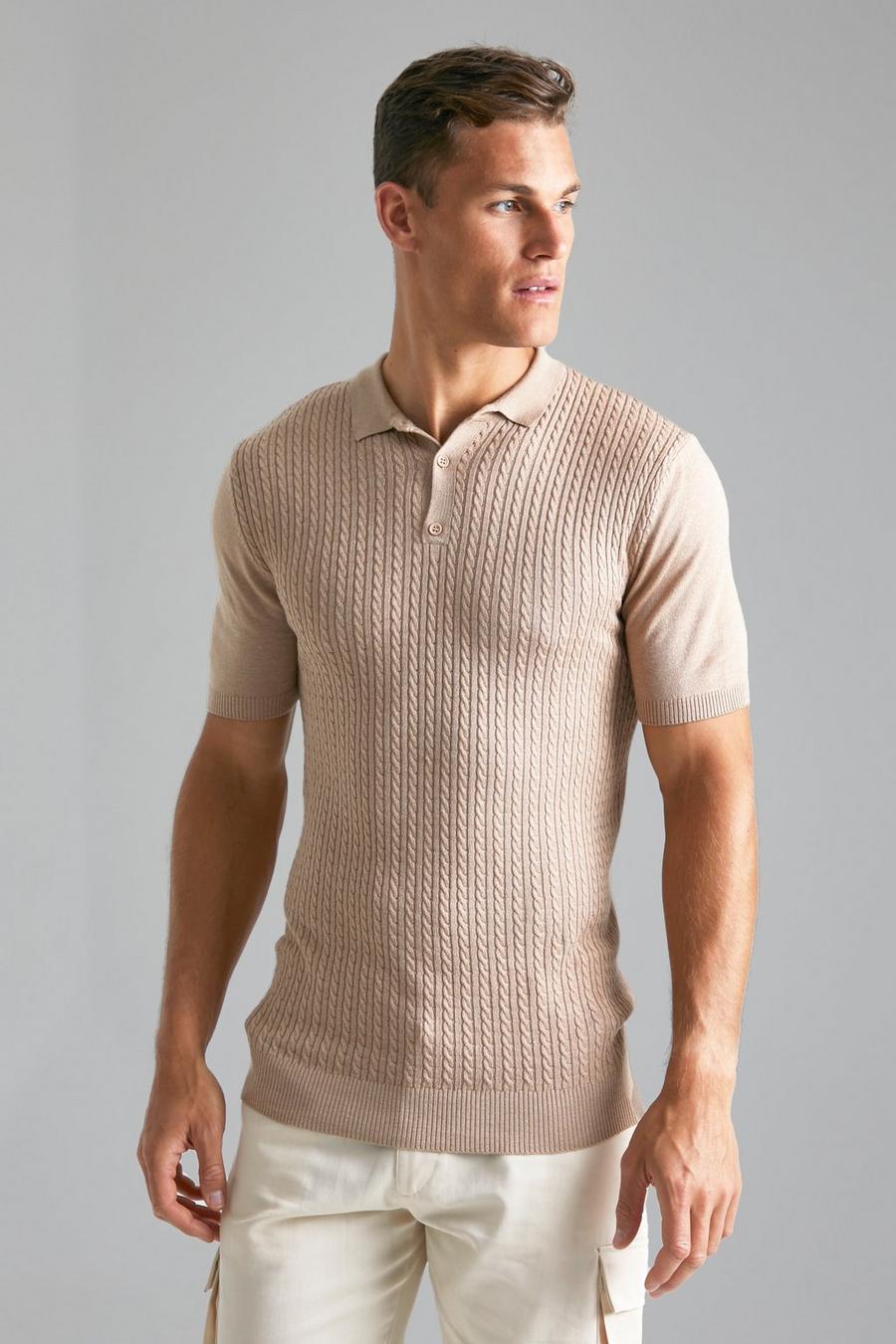 Taupe Tall Short Sleeve Cable Knitted Polo image number 1