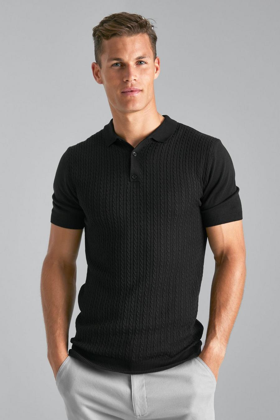 Black Tall Short Sleeve Cable Knitted Polo