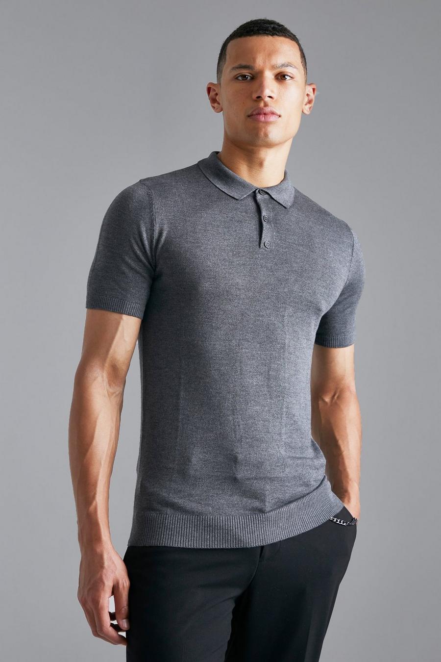 Charcoal Tall Gebreide Muscle Fit Polo image number 1