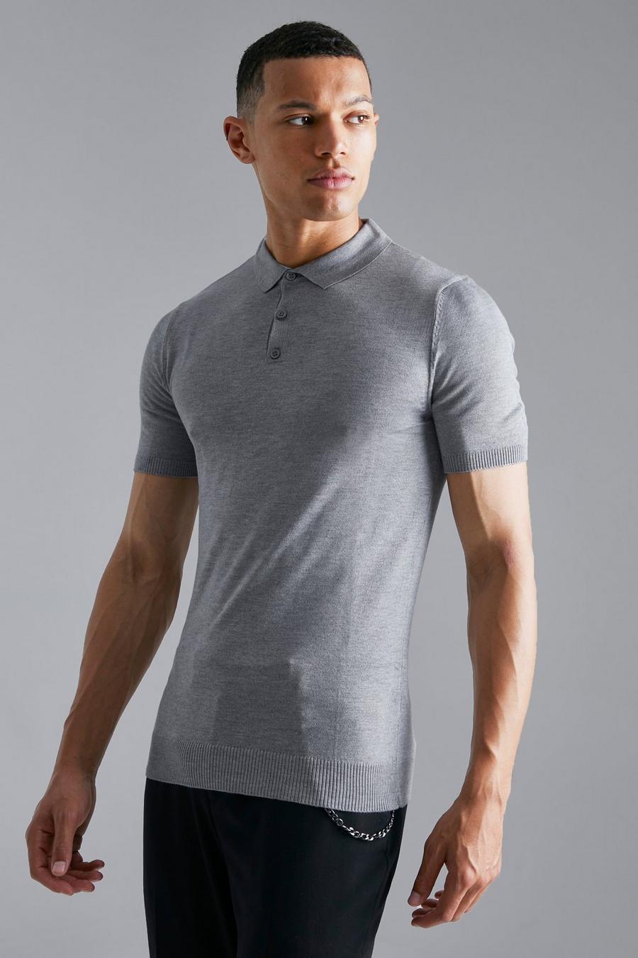 Grey marl Tall Gebreide Muscle Fit Polo image number 1