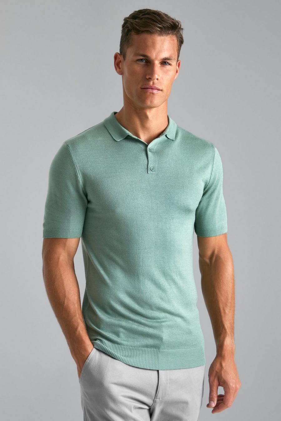 Sage Tall Gebreide Muscle Fit Polo image number 1