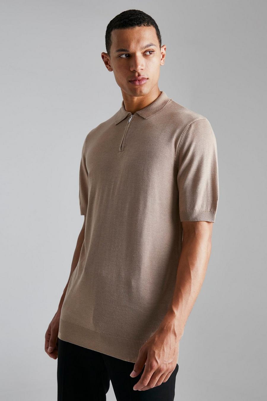 Taupe Tall Short Sleeve Half Zip Knitted Polo image number 1