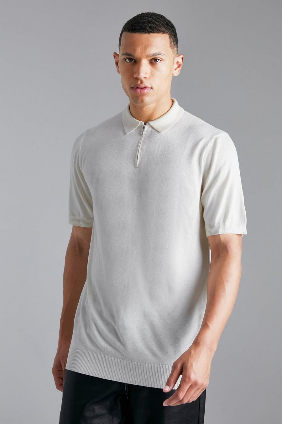 Tall kurzärmliges Strick-Poloshirts mit Reißverschluss, Cream weiß image number 1