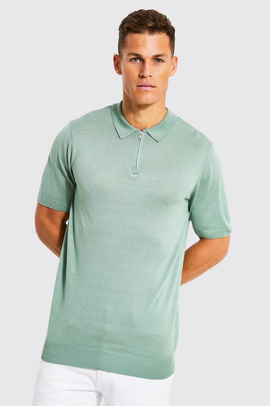 Sage verde Tall Short Sleeve Half Zip Knitted Polo