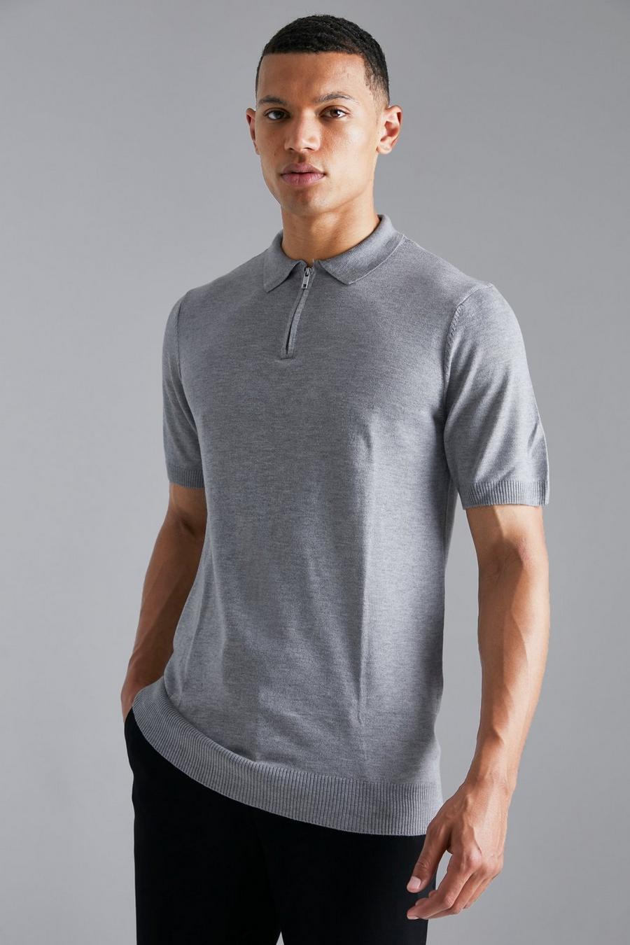 Grey marl gris Tall Short Sleeve Half Zip Knitted Polo