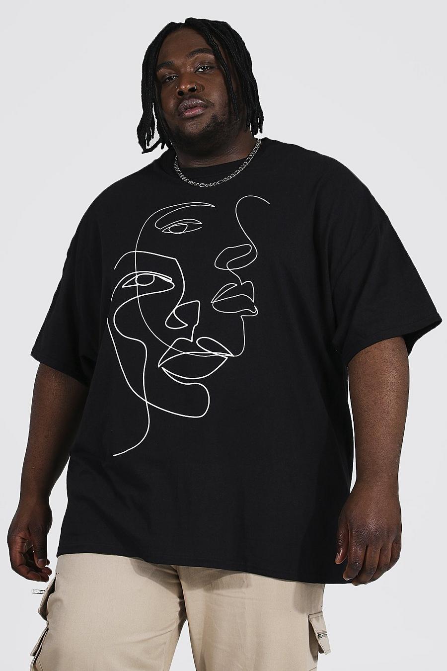 Black negro טישרט עם הדפס פנים מצוירים בקו אחד למידות גדולות