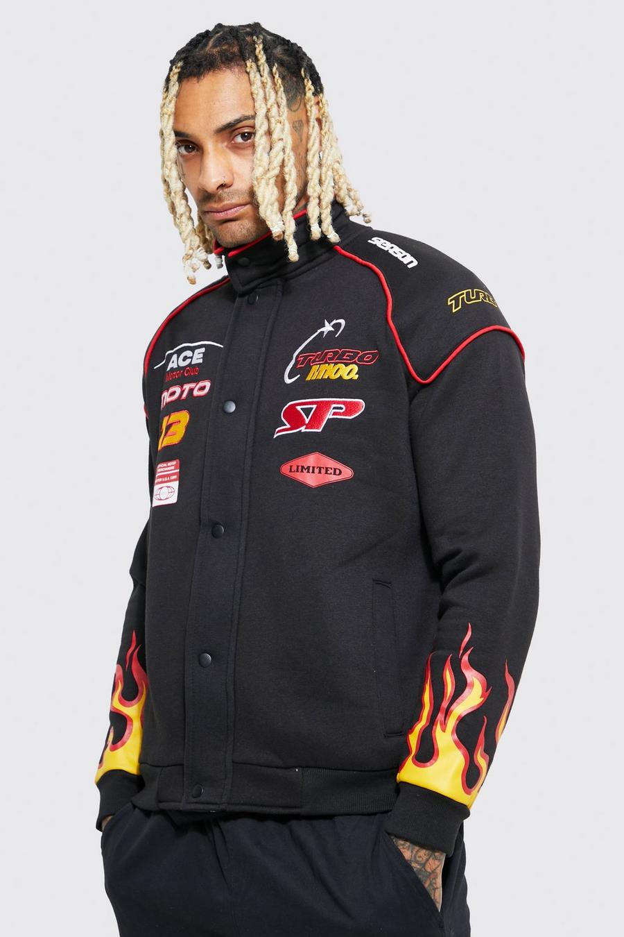 Chaqueta de tela jersey con cuello alto y estampado de motociclismo, Black negro image number 1